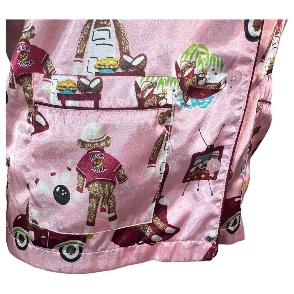 Nick & Nora Womens Pink Sock Monkey Pajama Top Size Large bowling TV Car Poly - Picture 8 of 9